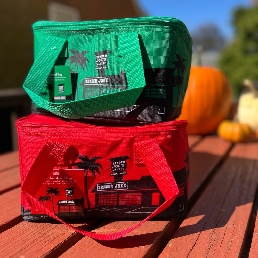 Set of 2 Trader Joe’s small insulated totes - red and green